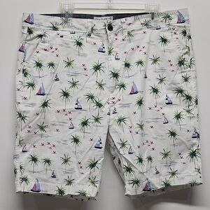 Free Planet Mens Size 38 Tropical Print Chino Shorts Palm Tree Flamingo Sailboat